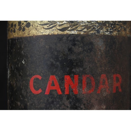 5408 - Advertising - a late 19th century black toleware canister and cover, of cylindrical form, painted bo... 