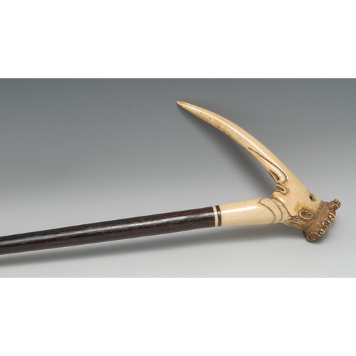 3169 - A Colonial walking cane, the stag antler-capped handle carved with a caricatured man's face, his nos... 