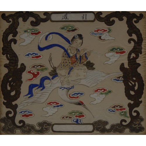 3576 - Chinese School (Qing Dynasty, 19th century) 
A pair, Musicians, riding a crane and a peacock 
signed... 