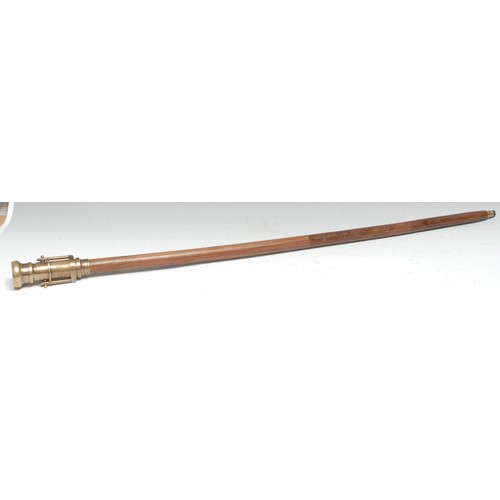 3740 - A novelty gentleman-topographer's lacquered brass and hardwood combination walking cane, the mechani... 