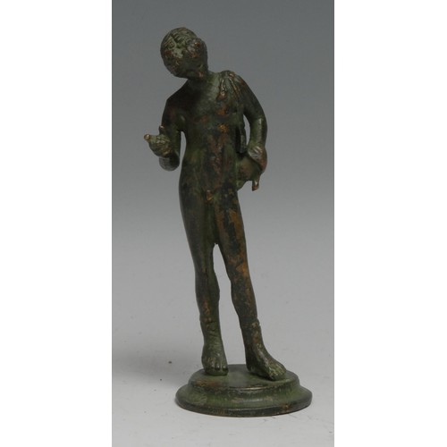 3627 - Grand Tour School, a verdigris patinated cabinet bronze, Narcissus, after the antique, circular base... 