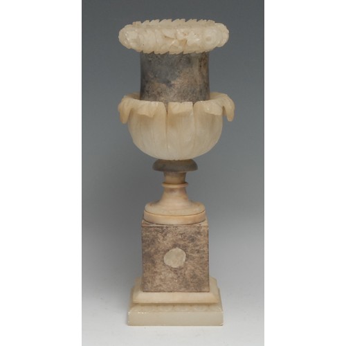 3003 - A 19th century alabaster campana mantel urn, carved and applied with bands of flowers and acanthus, ... 