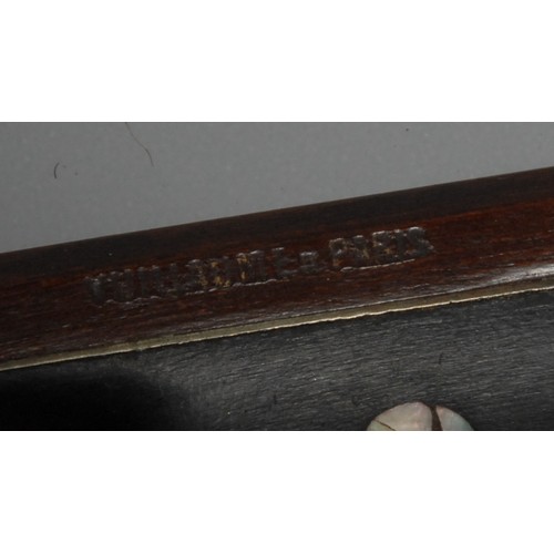 3429 - A violin bow, stamped Vuillaume a Paris, ebony frog inlaid with abalone, 68.5cm long