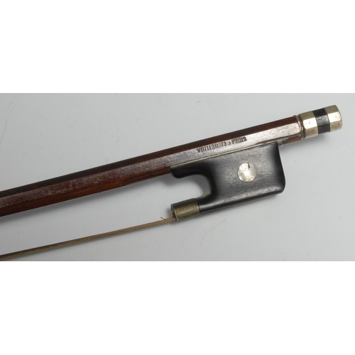 3429 - A violin bow, stamped Vuillaume a Paris, ebony frog inlaid with abalone, 68.5cm long