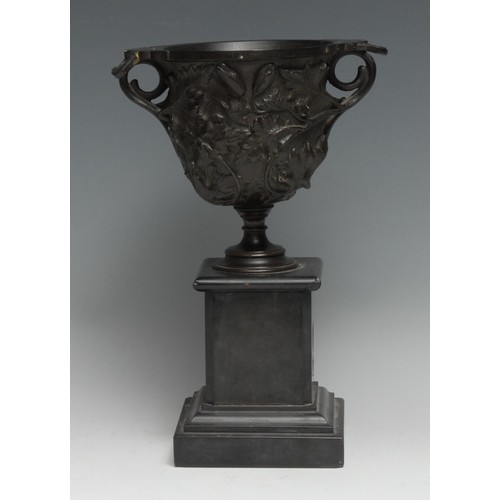 3050 - A 19th century Grand Tour dark patinated bronze vase, after an Antique krater, profusely cast with s... 