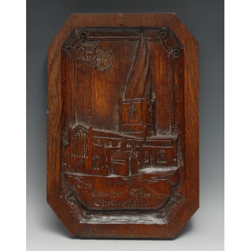 3590 - Derbyshire Interest - a late Victorian oak folk art panel, carved in relief with a named view of The... 