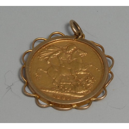 3946 - Coin, GB, Queen Victoria, 1889, gold sovereign, later mounted in 9ct gold as a pendant, 9.5g, [1]