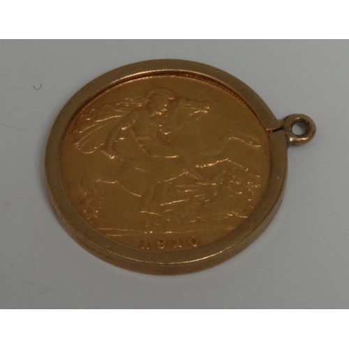 3942 - Coin, GB, Edward VII, 1910, gold half-sovereign, later mounted in 9ct gold as a pendant, 4.9g, [1]