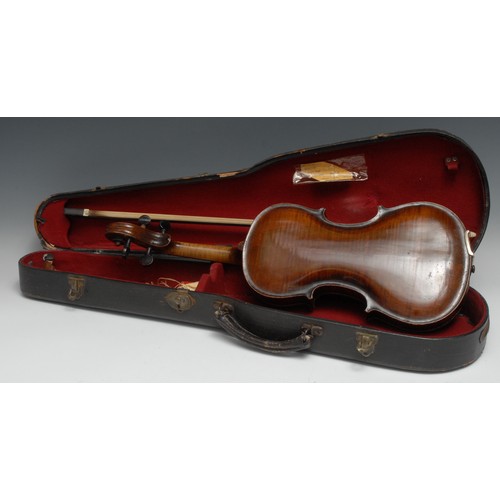 3200 - A German violin, the two-piece back 35.5cm long excluding button, paper label printed Model Jacob St... 