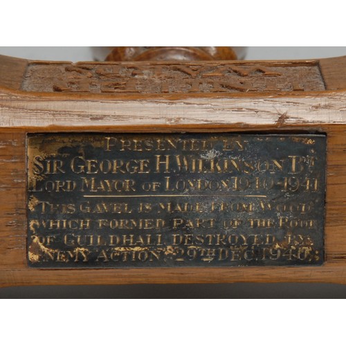 3616 - Friendly Society History - City of London - an oak gavel,  carved inscription United Wards Club, the... 