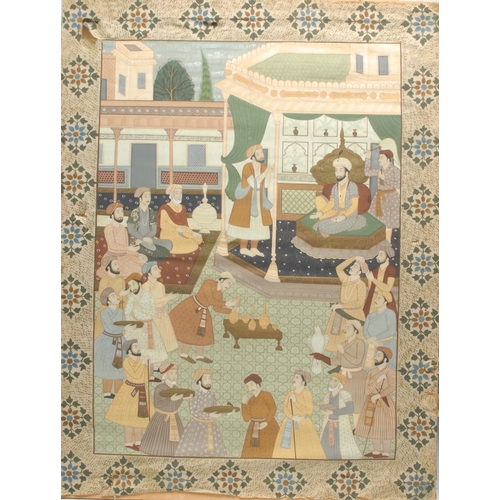 3347 - A Persian rectangular room panel, painted in gouache with a courtly scene within a border of floral ... 