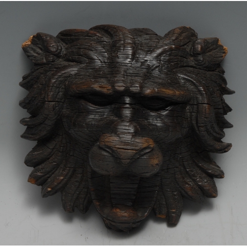 3070 - A 19th century oak wall boss, carved as a lion mask, 15cm wide