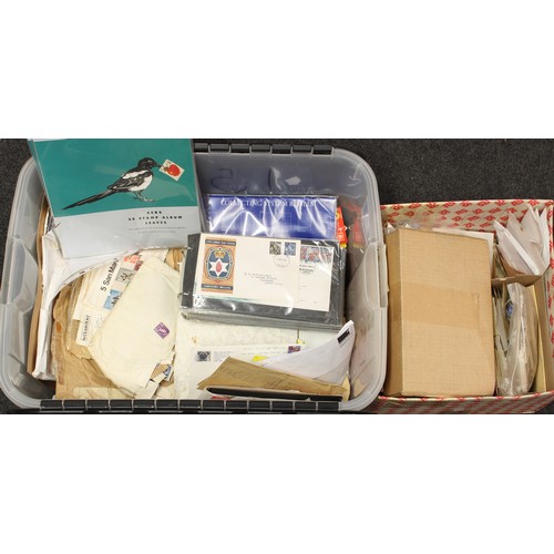 5495 - Stamps - two large containers of FDC, loose, packets, 2005 yearbook, etc, 1000's to sort