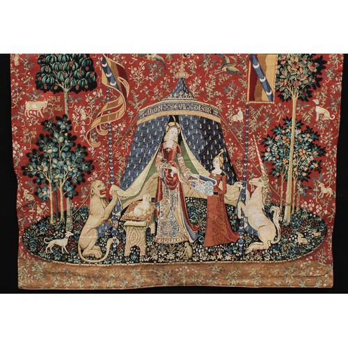 3261 - A Medieval design tapestry wall-hanging, colourfully worked after Taste from the Flemish series of T... 