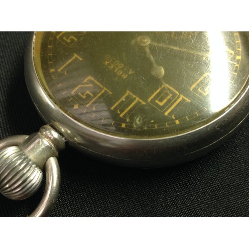 92 - WW2 'Military' style private purchase Rolex A10030 open faced pocket watch, black enamel dial gold o... 