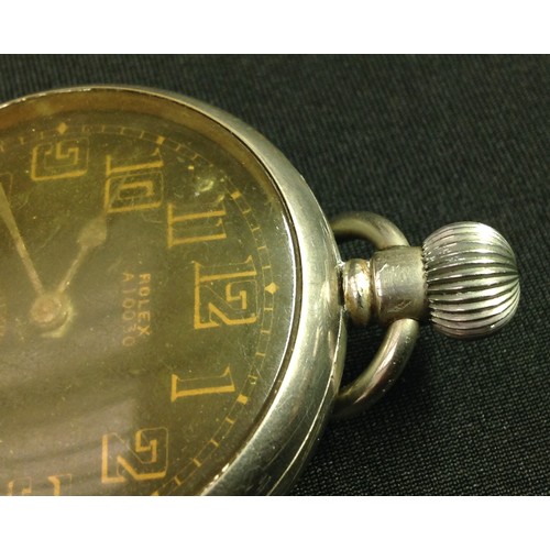 92 - WW2 'Military' style private purchase Rolex A10030 open faced pocket watch, black enamel dial gold o... 