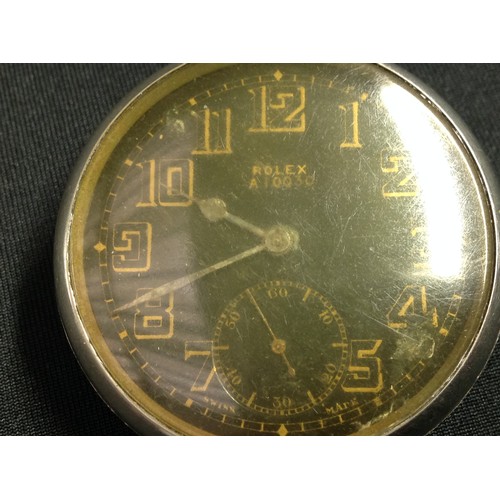 92 - WW2 'Military' style private purchase Rolex A10030 open faced pocket watch, black enamel dial gold o... 