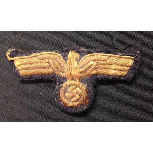 151 - WW2 Third Reich Kreigsmarine Officers cap eagle. Hand embroidered. Removed from a schirmmutze cap. 7... 