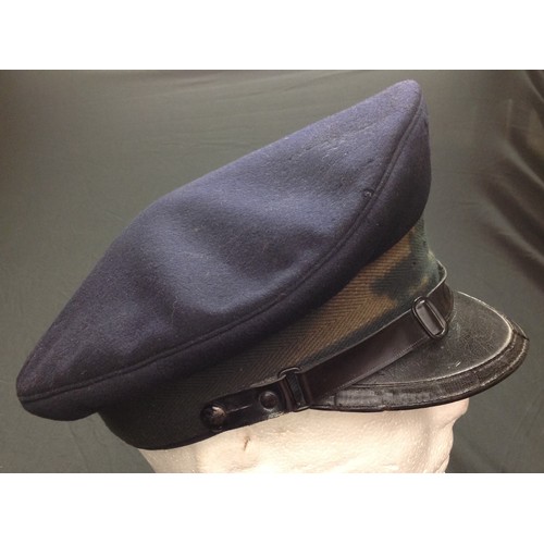 172 - WW2 Third Reich cap in navy blue wool. No insignia. Cotton cap band. Ersatz leather chinstrap. Blue ... 