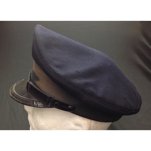 172 - WW2 Third Reich cap in navy blue wool. No insignia. Cotton cap band. Ersatz leather chinstrap. Blue ... 