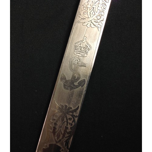 190 - REPRODUCTION Royal Navy Officers Dirk. 465mm long single edged blade with etched decorative panels t... 