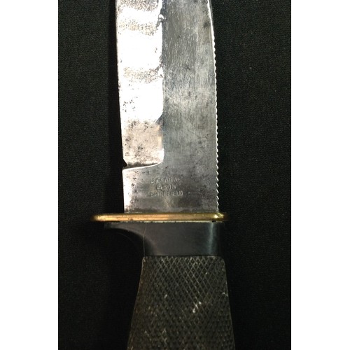 200 - Private purchase fighting knife with double edged blade 145mm in length, maker mark 