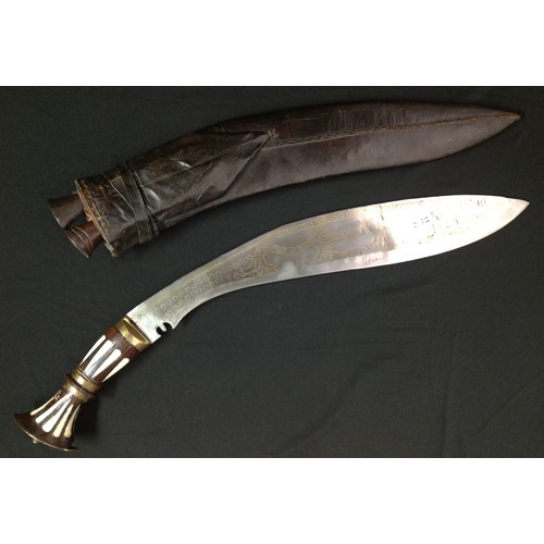 201 - Gurkha Kukri Knife with 385mm long blade with stamped decoration to one side while the other side ha... 