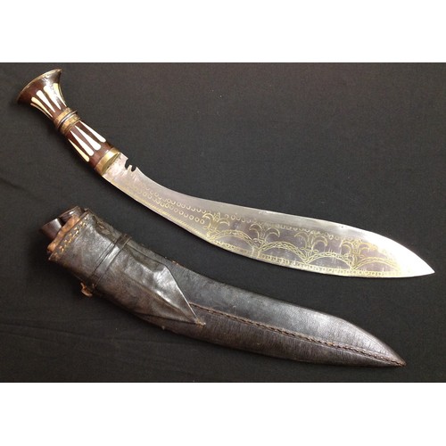 202 - Gurkha Kukri Knife with 385mm long blade with stamped decoration to one side while the other side ha... 