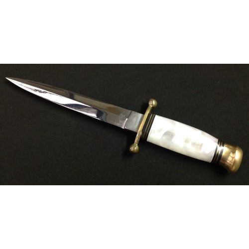 215 - Hunting knife with double edged blade 153mm in length, ricasso is maker marked 