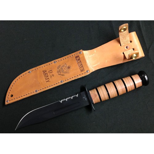 221 - US Ka-Bar Fighting Knife with fullered Bowie type blade with non reflective black finish marked 