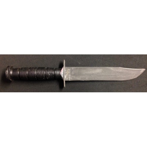 221 - US Ka-Bar Fighting Knife with fullered Bowie type blade with non reflective black finish marked 