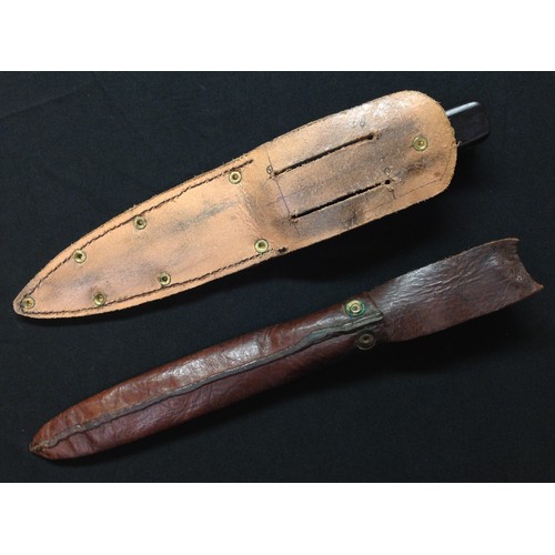 226 - Two hunting knives: one with single edged blade 115mm in length, Sheffield maker marked, wooden grip... 