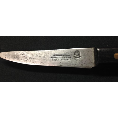 226 - Two hunting knives: one with single edged blade 115mm in length, Sheffield maker marked, wooden grip... 