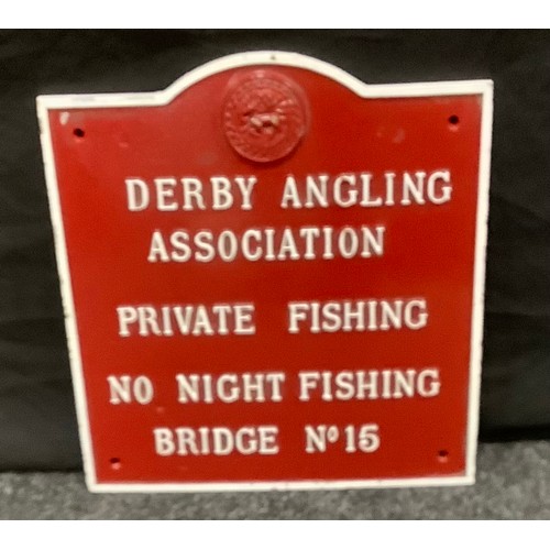 60 - A cast iron Derby Angling association sign, Private Fishing, No Night Fishing, Bridge No 15, painted... 