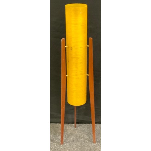 88 - A retro floor standing Rocket lamp, amber conical shade, on three teak stands