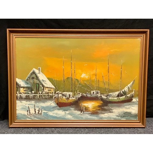 94 - De Marco ,20th century, Wintry Sunset over the Harbour, signed, impasto oil on canvas, 60cm x 90cm