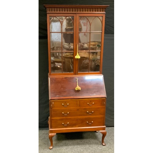 97 - An early 20th century mahogany bureau bookcase, moulded cornice above a pair of astragal doors enclo... 