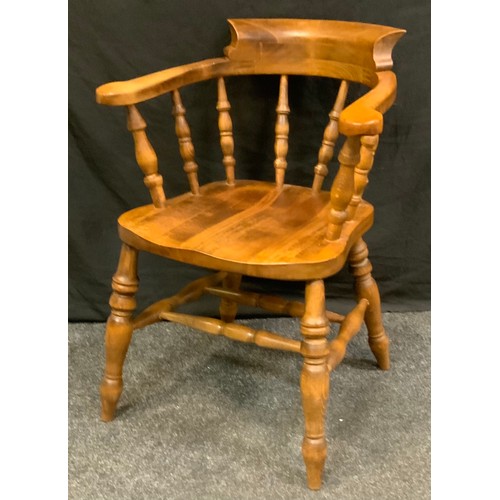 102 - Ash and Elm smokers bow, turned spindles, saddle seat, double `H` stretchers, turned legs, 88cm high