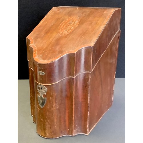 80A - A 19th century mahogany slope top knife box, inlaid with oval patera, 38cm high, c.1790