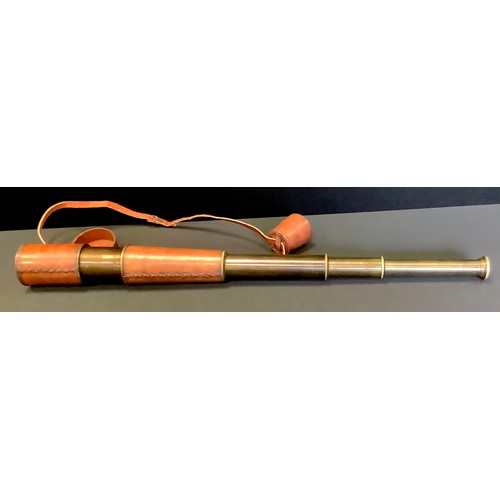 99A - A contemporary three -drawer brass and leather telescope, 92cm long