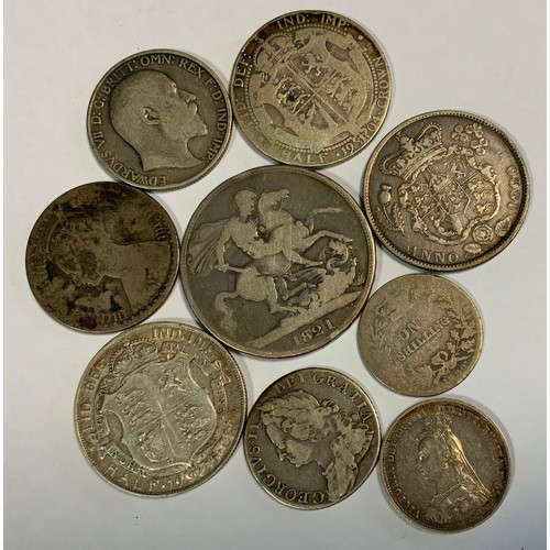 326 - Coins - a George IV silver crown 1821;  other half crowns etc, 106.5g gross. (9)