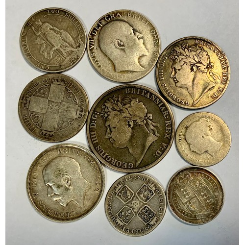 326 - Coins - a George IV silver crown 1821;  other half crowns etc, 106.5g gross. (9)