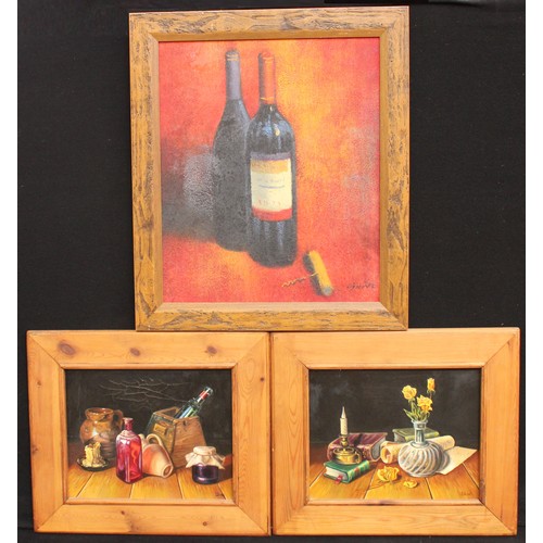 209 - Pictures and Prints - Continental School, Wine Bottles, signed, oil, 59cm x 49cm; a pair of Still Li... 