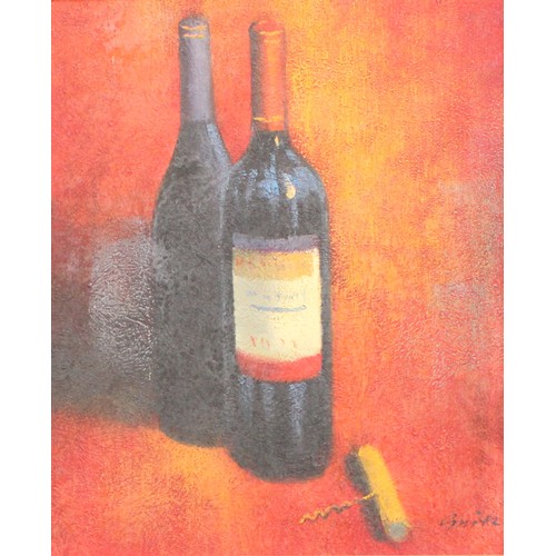 209 - Pictures and Prints - Continental School, Wine Bottles, signed, oil, 59cm x 49cm; a pair of Still Li... 