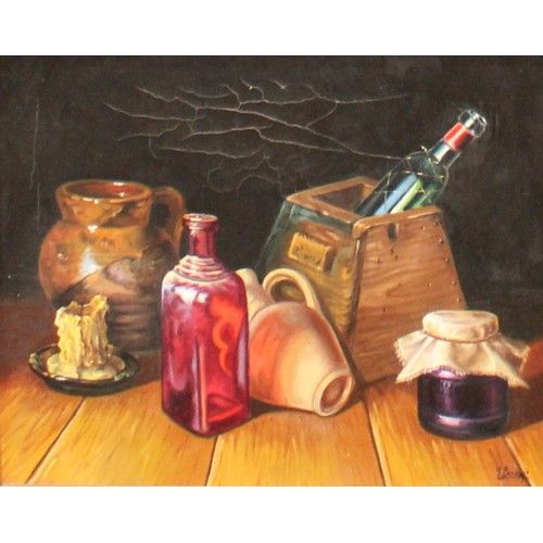 209 - Pictures and Prints - Continental School, Wine Bottles, signed, oil, 59cm x 49cm; a pair of Still Li... 