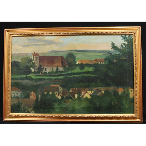 211 - M Landhoff  
Continental Town  
signed, oil on canvas, 42cm x 66cm