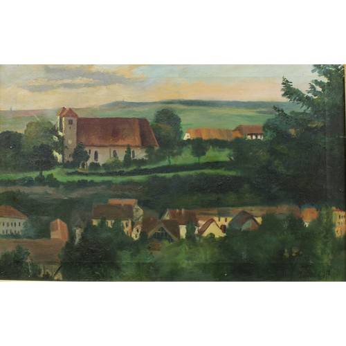 211 - M Landhoff  
Continental Town  
signed, oil on canvas, 42cm x 66cm