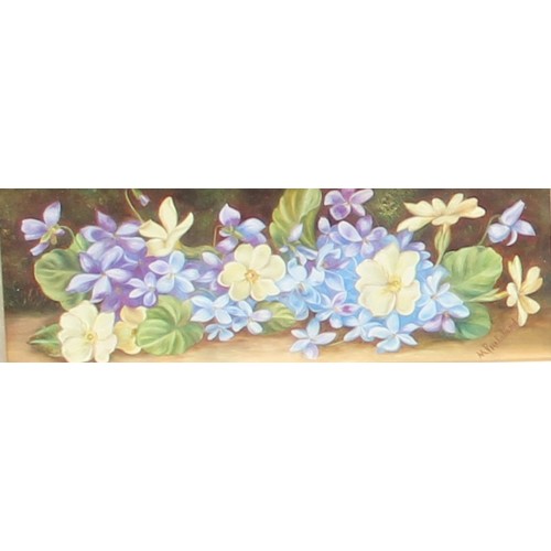 217 - M Pritchard
Primrose and Violettas
signed, oil on opaque panel, 7.5cm x 21.5cm; 
a pair of small oil... 