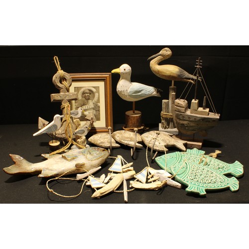 200A - Interior Design - The Great British Seaside, a carved and painted wooden model of a seagull, 30cm; a... 