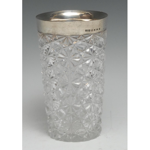 182 - A Victorian silver mounted hobnail-cut glass tapered cylindrical beaker, 14cm high, John Grinsell & ... 